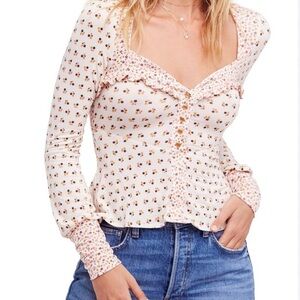 Free People Kissin Kate White Red Ruffled Long Sleeve Blouse Pearl Snap